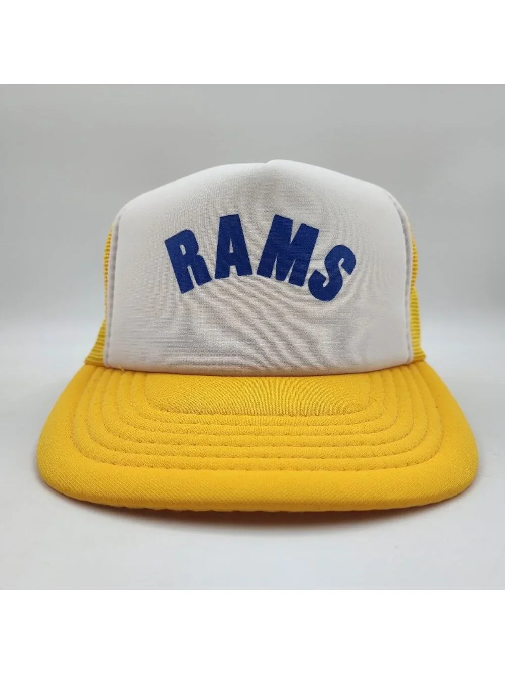 Vintage RAMS Mesh Snapback Trucker Hat Yellow White 70s 80s Size M/L